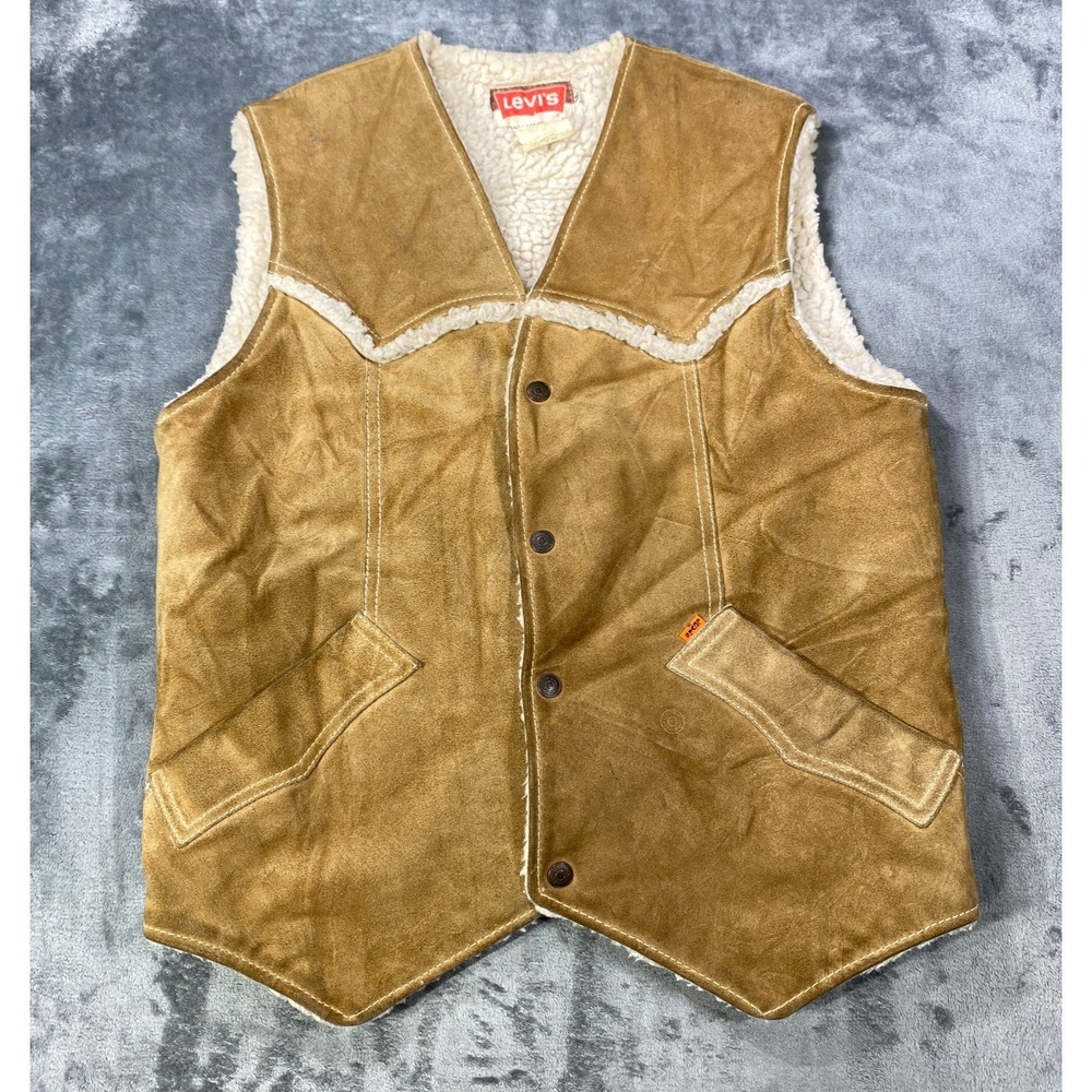 Vintage Levis Suede Leather Sherpa Lined Vest Men Large Western Orange Tab *Flaw